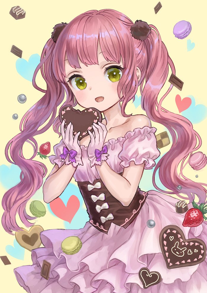 1girl :d ama-tou bangs bare_shoulders blunt_bangs blush bow checkerboard_cookie chocolate chocolate_heart collarbone commentary cookie corset cowboy_shot detached_sleeves dress eyebrows_visible_through_hair eyelashes fang food frilled_sleeves frills fruit gloves hair_ornament heart heart_background holding holding_food long_hair looking_at_viewer macaron open_mouth original pink_hair puffy_short_sleeves puffy_sleeves rabbit ribbon shiny shiny_hair short_sleeves smile solo strawberry sweets twintails underbust valentine very_long_hair wavy_hair yellow_background yellow_eyes