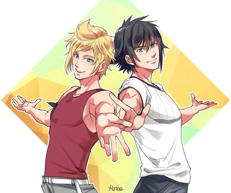 2boys armband artist_name baseball_cap black_hair blonde_hair blue_eyes casual diamond_(shape) final_fantasy final_fantasy_xv freckles hat hinoe_(dd_works) looking_at_viewer male_focus multiple_boys noctis_lucis_caelum open_mouth outstretched_arms prompto_argentum red_shirt shirt short_hair signature symmetry t-shirt tank_top white_shirt