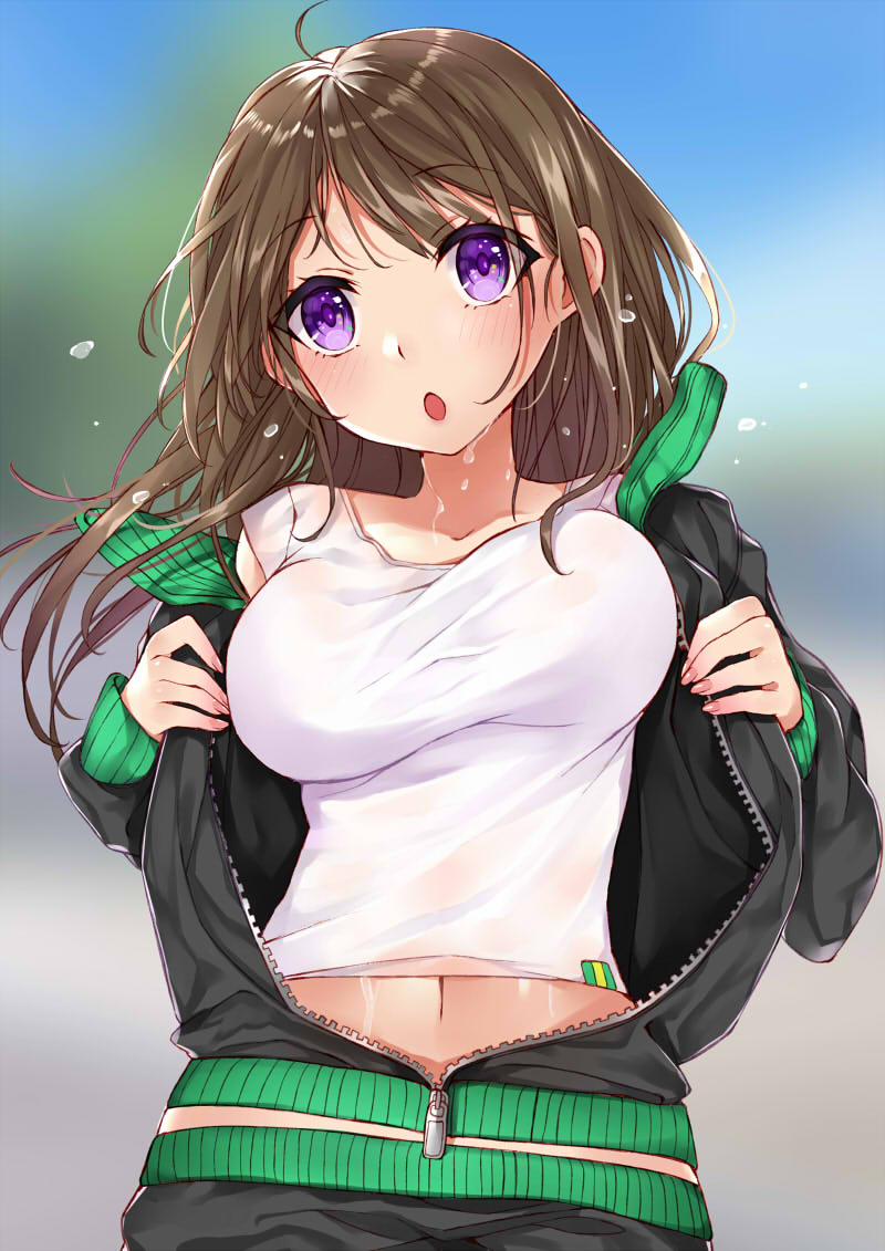 1girl :o ahoge bangs belly_peek black_jacket blurry blush breasts brown_hair collarbone crop_top day depth_of_field dripping eyebrows_visible_through_hair fingernails jacket komazuki_(komaworks240) long_hair long_sleeves medium_breasts nail_polish navel off_shoulder open_clothes open_jacket original outdoors pink_nails shirt solo sportswear stomach sweat tank_top track_jacket unaligned_breasts unzipped upper_body violet_eyes wet wet_clothes wet_shirt