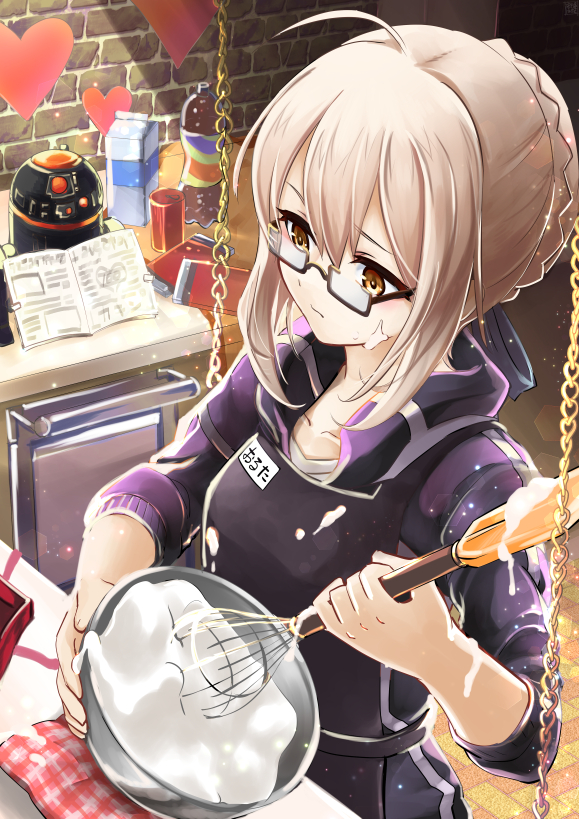 1girl ahoge alternate_costume annojou_haruto apron black-framed_eyewear blonde_hair braid collarbone commentary_request fate/grand_order fate_(series) food from_above glasses heart heroine_x heroine_x_(alter) holding mixing_bowl recipe_(object) saber semi-rimless_glasses sleeves_pushed_up solo under-rim_glasses valentine yellow_eyes