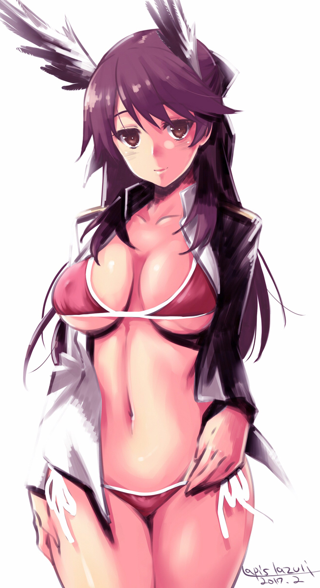 1girl alternate_costume animal_ears artist_name bikini brave_witches breasts brown_eyes brown_hair cleavage collarbone commentary_request empty_eyes erect_nipples highres jacket karibuchi_takami large_breasts long_hair looking_at_viewer navel open_clothes open_jacket shiny shiny_skin side-tie_bikini smile solo swimsuit umyonge_(lkakeu) world_witches_series