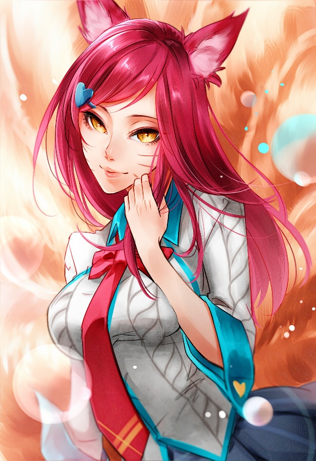 1girl academy_ahri ahri animal_ears breasts fox_ears fox_tail hair_ornament hairclip heart_hair_ornament large_breasts league_of_legends long_hair looking_at_viewer multiple_tails redhead school_uniform skirt solo tail whisker_markings yellow_eyes
