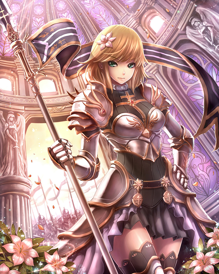 1girl angel ant_(fenixant) armor blonde_hair brown_hair dome fantasy_lore flag flower gauntlets hair_flower hair_ornament hand_on_hip indoors jeanne_d'arc knight looking_at_viewer official_art polearm spear statue thigh-highs weapon