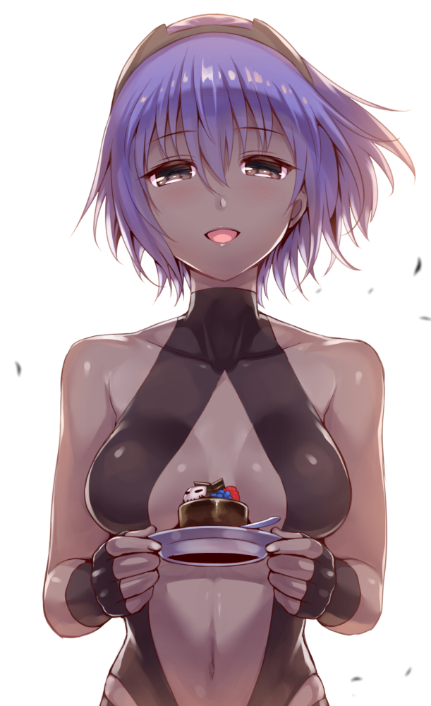 1girl assassin_(fate/prototype_fragments) backless_outfit bare_shoulders black_gloves blush breasts cake dark_skin fate/grand_order fate/prototype fate/prototype:_fragments_of_blue_and_silver fate_(series) food gloves looking_at_viewer mask medium_breasts misao_(kami_no_misoshiru) open_mouth purple_hair short_hair sideboob skull smile solo violet_eyes