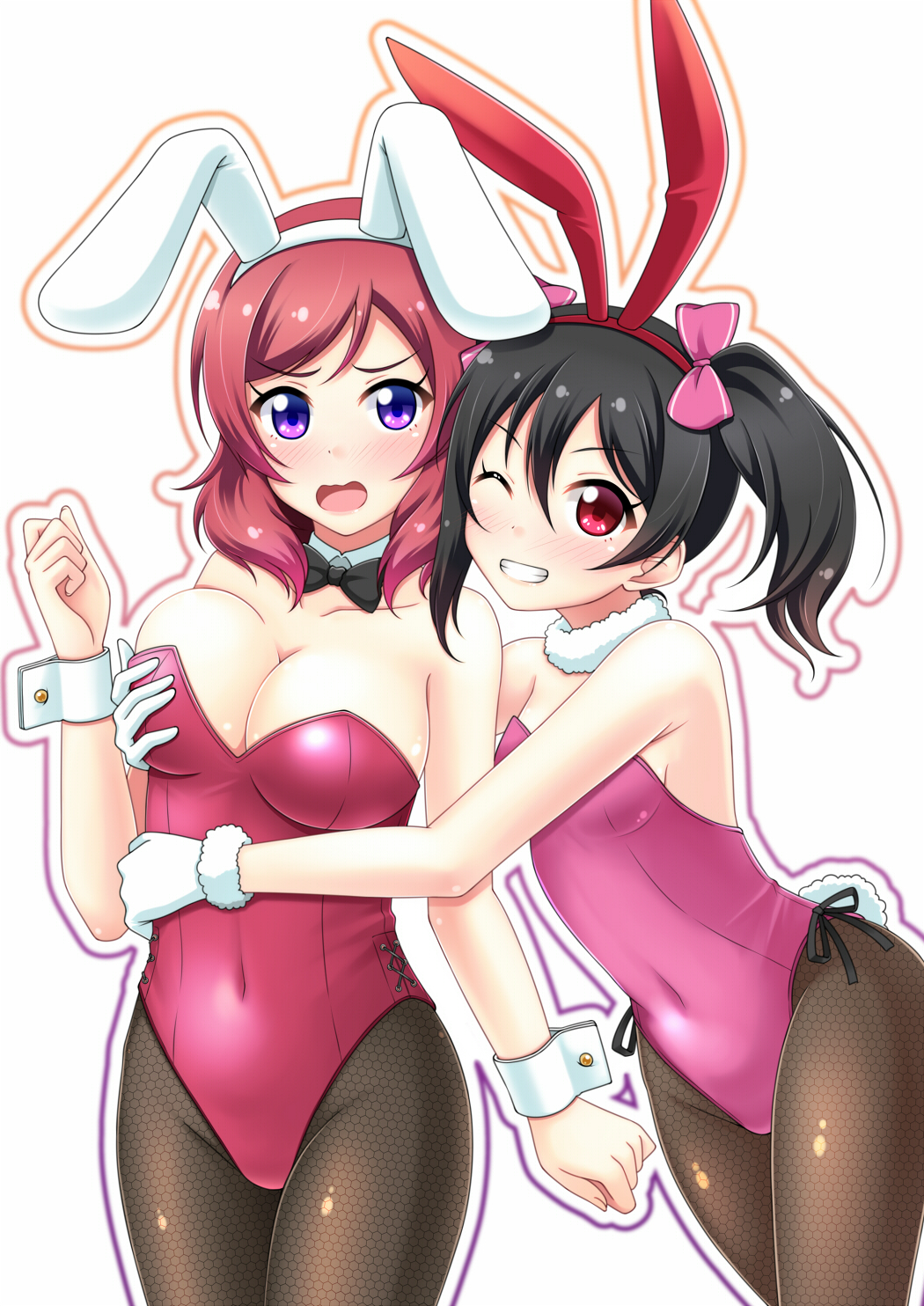 2girls 7nanappe :0 ;d alternate_costume animal_ears arm arm_at_side bare_arms bare_shoulders black_bow black_bowtie black_hair black_ribbon blush bow bowtie breast_grab breasts brown_legwear bunny_girl bunnysuit cleavage clenched_hand clenched_hands clenched_teeth collarbone covered_navel cowboy_shot detached_collar fake_animal_ears female fishnet_pantyhose fishnets fur-trimmed_gloves fur_trim gloves grabbing grabbing_from_behind grin hair_bow hairband highres large_breasts leaning_forward legs_together leotard looking_at_viewer love_live! love_live!_school_idol_project multiple_girls nishikino_maki one_eye_closed open_mouth pantyhose pink_bow pink_legwear rabbit_ears red_eyes redhead ribbon short_hair short_twintails simple_background skin_tight small_breasts smile standing strapless strapless_leotard tareme teeth twintails violet_eyes wavy_mouth white_background white_gloves wink wrist_cuffs yazawa_nico yuri