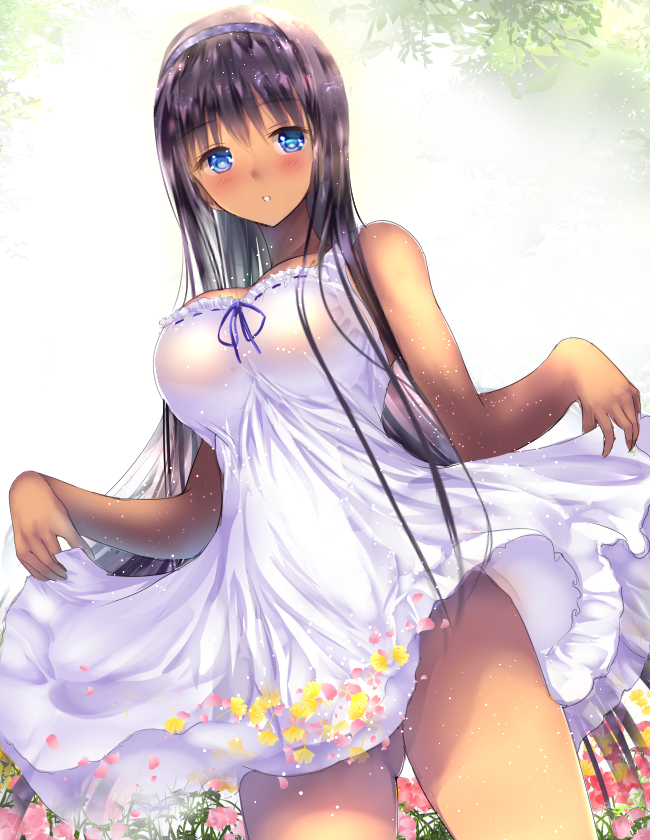 1girl :o bare_arms bare_shoulders black_hair blue_eyes breasts cowboy_shot dark_skin dress dress_lift dutch_angle field flower flower_field gluteal_fold gorua_(youce01) hairband large_breasts lifted_by_self light_particles long_hair looking_at_viewer original revision see-through_silhouette skirt_hold solo sundress white_dress