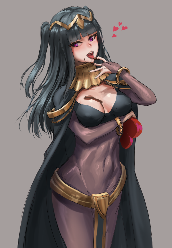 1girl athenawyrm black_hair bodystocking breasts cape chocolate chocolate_on_breasts cleavage fire_emblem fire_emblem:_kakusei heart heart-shaped_box heart-shaped_pupils looking_at_viewer solo symbol-shaped_pupils tharja tiara violet_eyes