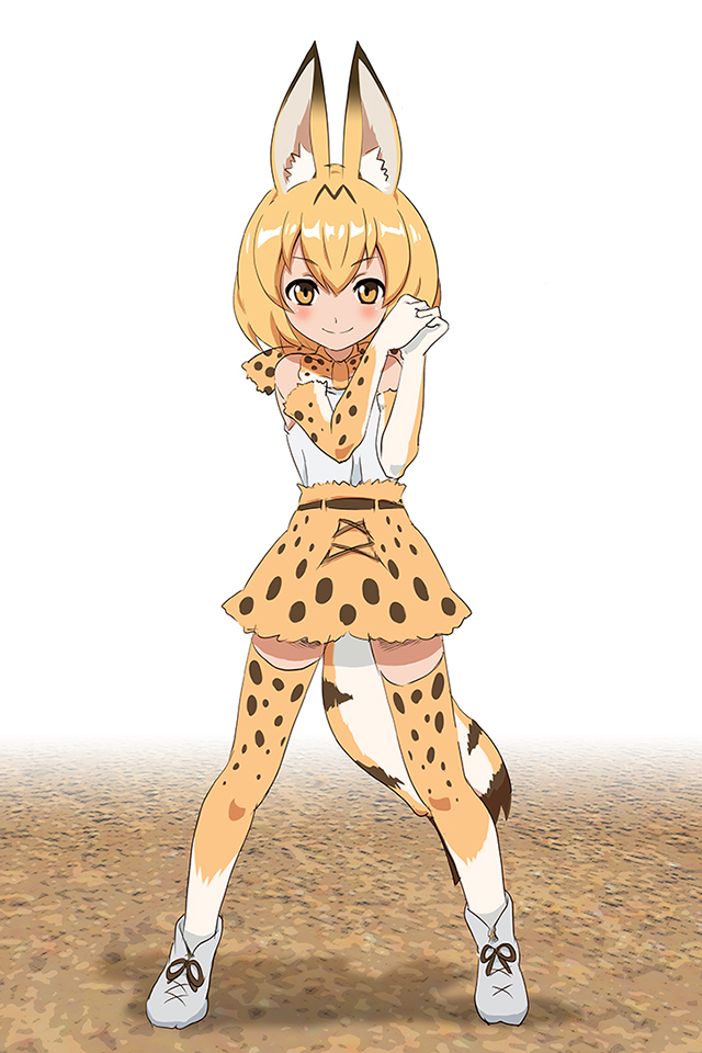 1girl animal_ears bare_shoulders blonde_hair blush bow bowtie breasts cat_ears cat_tail elbow_gloves eyebrows_visible_through_hair full_body gloves hands_together interlocked_fingers kemono_friends looking_at_viewer serval_(kemono_friends) short_hair simple_background skirt sleeveless smile solo standing tail thigh-highs washu_junkyu wide_stance yellow_eyes
