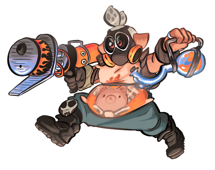 1boy blue_pants brown_gloves commentary cosplay costume domino_mask funkgamut gas_mask gloves grey_hair gun holding holding_weapon inkling jewelry mask overwatch pants pillow pointy_ears red_eyes ring roadhog_(overwatch) roadhog_(overwatch)_(cosplay) simple_background skull_print solo splatoon tattoo tentacle_hair weapon white_background