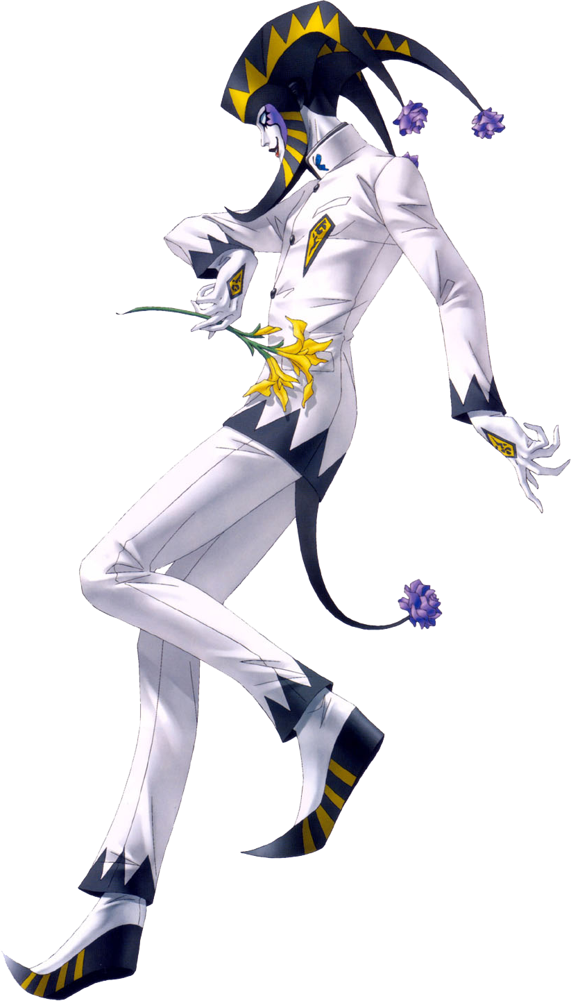 1boy flower full_body gloves grin hat highres jester jester_cap joker_(persona_2) kazuma_kaneko male_focus official_art persona persona_2 pointy_shoes purple_rose rose shoes smile solo transparent_background