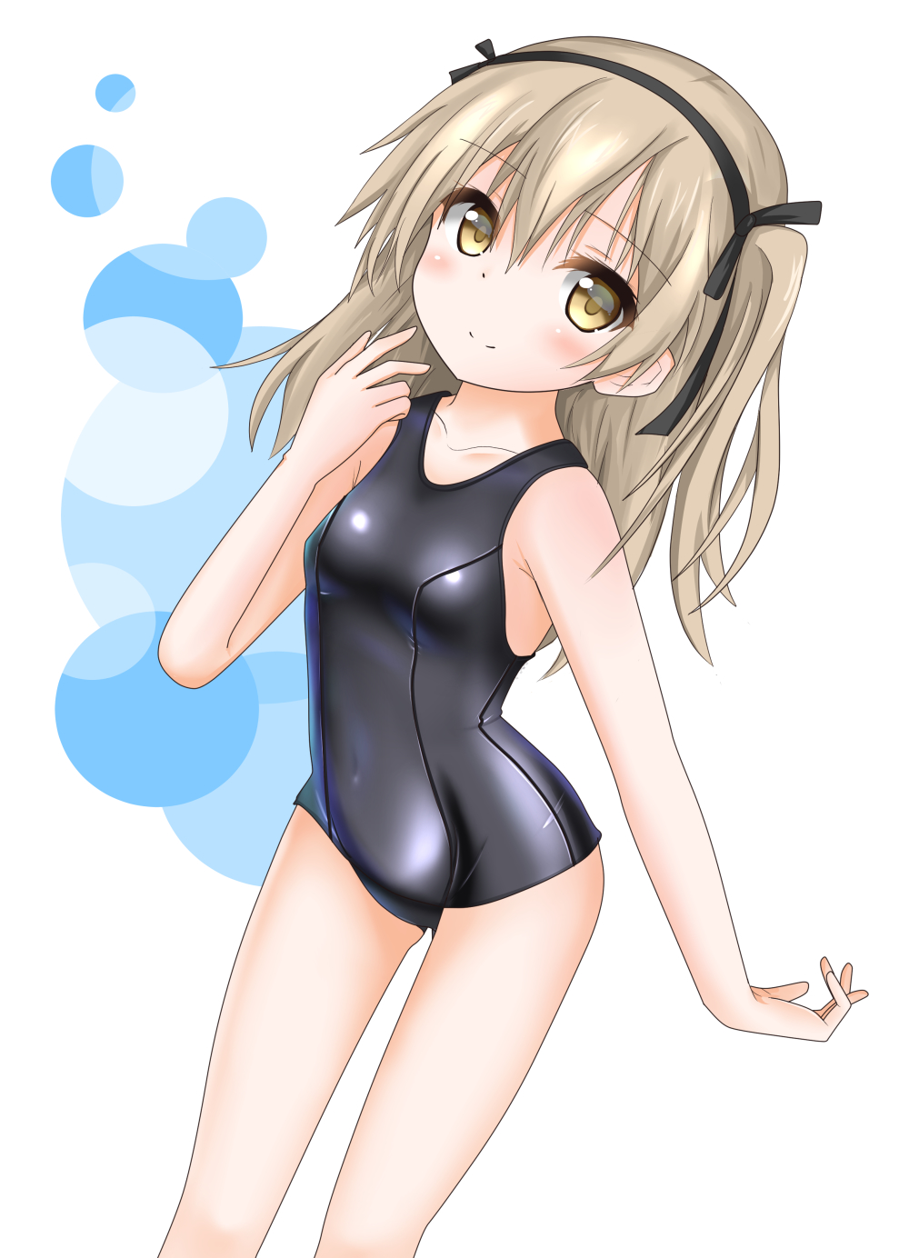 1girl black_swimsuit breasts brown_eyes brown_hair girls_und_panzer gluteal_fold hairband highres langley1000 light_brown_hair long_hair looking_at_viewer school_swimsuit shimada_arisu shiny shiny_clothes side_ponytail small_breasts smile solo swimsuit
