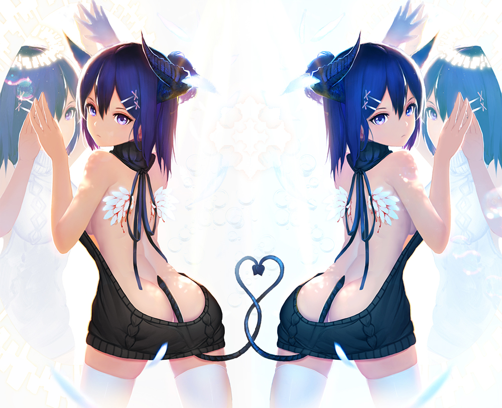 1girl angel_and_devil angel_wings aran_sweater arm_up ass backless_outfit bare_arms bare_back bare_shoulders black_sweater black_vs_white blood blue_eyes blue_hair blush breasts butt_crack closed_mouth cowboy_shot demon_girl demon_horns demon_tail different_reflection dress dripping eyelashes feathers from_behind frown gabriel_dropout hair_between_eyes hair_ornament hairclip halo hand_up heart horns injury intertwined_tails looking_at_viewer looking_back medium_breasts meme_attire motion_blur multiple_views naked_sweater nooko one_eye_covered open-back_dress purple_hair reflection short_hair sideboob sweater sweater_dress symmetrical_pose symmetry tail thigh-highs tsukinose_vignette_april turtleneck turtleneck_sweater violet_eyes virgin_killer_sweater white_legwear white_sweater wings x_hair_ornament