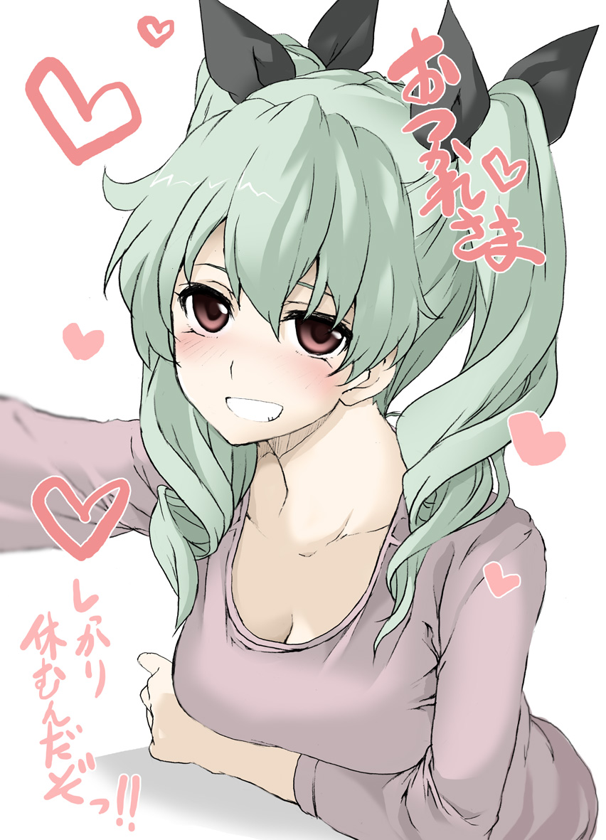 1girl anchovy arm_support bangs black_ribbon breasts casual cleavage commentary drill_hair elf_(stroll_in_the_woods) girls_und_panzer green_hair grin hair_ribbon heart long_hair long_sleeves looking_at_viewer medium_breasts purple_shirt red_eyes ribbon shirt simple_background smile solo translated twin_drills twintails upper_body white_background