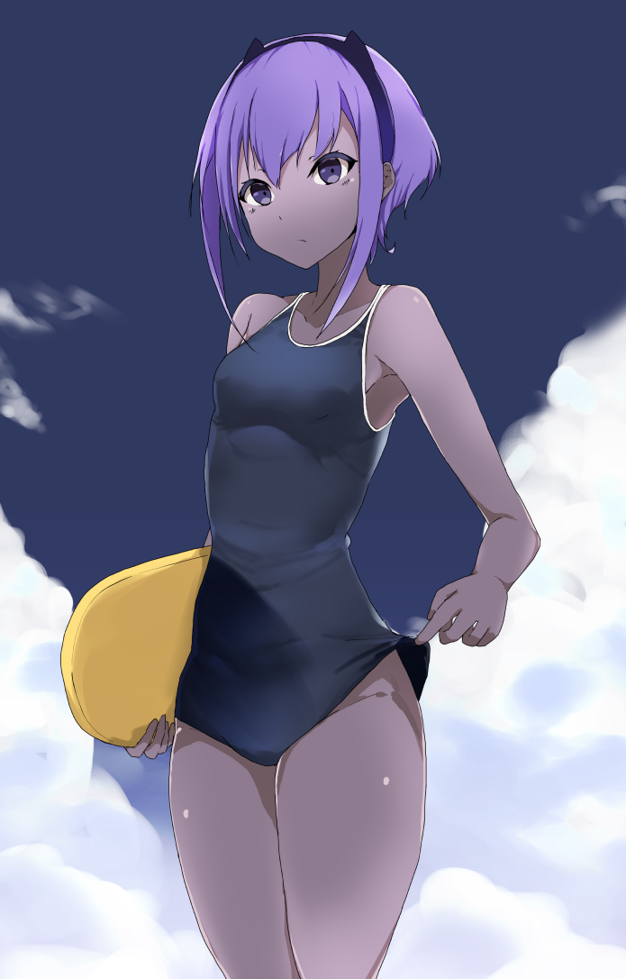 1girl assassin_(fate/prototype_fragments) dark_skin fate/grand_order fate/prototype fate/prototype:_fragments_of_blue_and_silver fate_(series) purple_hair school_swimsuit seseri7th short_hair solo swimsuit violet_eyes