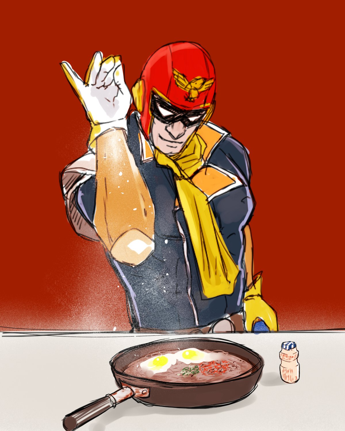 1boy captain_falcon commentary f-zero food frying_pan gloves helmet highres kento1102 meme parody pun salt salt_bae_(meme) salt_shaker scarf sketch smile solo