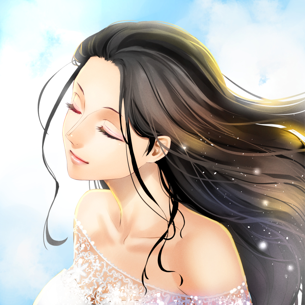 1girl bare_shoulders black_hair blue_sky closed_eyes closed_mouth clouds cloudy_sky collarbone dress eyelashes floating_hair from_side light_smile lipgloss lips long_hair makeup mascara nico_robin nose off-shoulder_dress off_shoulder one_piece shinmanawa sky solo upper_body