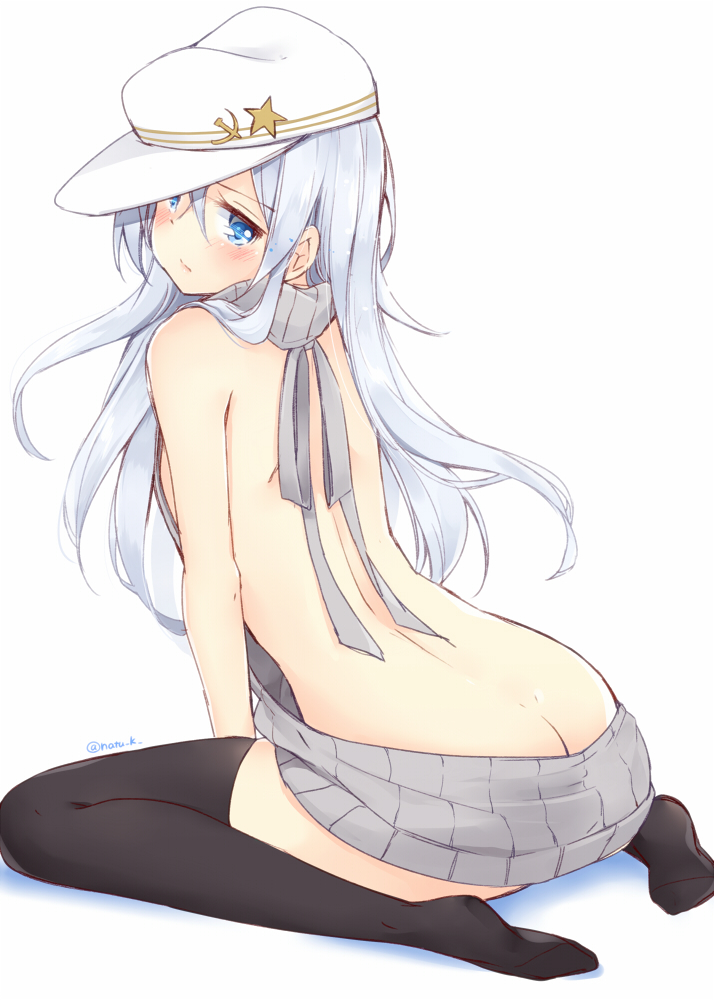 1girl arched_back ass backless_outfit bare_back bare_shoulders black_legwear blue_eyes blush breasts butt_crack commentary_request dimples_of_venus dress flat_cap floating_hair full_body grey_sweater halterneck hammer_and_sickle hat hibiki_(kantai_collection) kantai_collection long_hair looking_at_viewer looking_back meme_attire naked_sweater natsu_(natume0504) open-back_dress ribbed_sweater signature silver_hair simple_background sitting small_breasts soles solo star sweater sweater_dress thigh-highs turtleneck turtleneck_sweater twitter_username verniy_(kantai_collection) virgin_killer_sweater wariza white_background