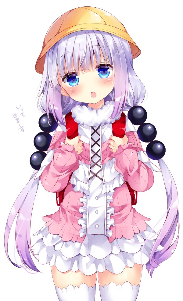 1girl backpack bag bangs beads blouse blue_eyes blunt_bangs blush bow buttons capelet center_frills cowboy_shot dragon_girl dress eyebrows_visible_through_hair frilled_capelet frilled_skirt frills gothic_lolita gradient gradient_hair hair_beads hair_ornament hands_up hat kanna_kamui kobayashi-san_chi_no_maidragon lavender_hair lolita_fashion long_hair long_sleeves looking_at_viewer low_twintails microdress multicolored_hair nogi_takayoshi open_mouth purple_hair randoseru school_hat simple_background skirt smile solo tail thigh-highs twintails very_long_hair white_background white_hair white_legwear yellow_hat
