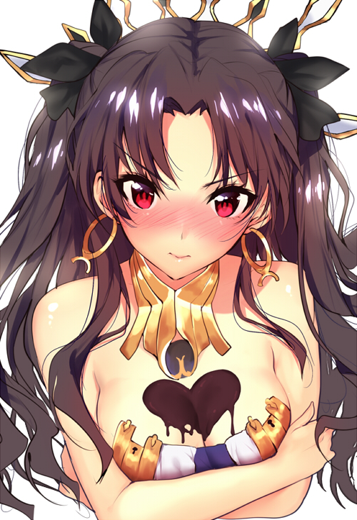 1girl bangs bare_arms bare_shoulders bikini bikini_top black_ribbon breasts brown_hair chocolate chocolate_heart chocolate_on_breasts cleavage crossed_arms crown embarrassed eyebrows_visible_through_hair fate/grand_order fate_(series) furrowed_eyebrows hair_ribbon heart ishtar_(fate/grand_order) jewelry long_hair looking_at_viewer matarou_(genkai_toppa) medium_breasts neck_ring parted_bangs red_eyes ribbon shiny shiny_skin simple_background solo strapless strapless_bikini swimsuit tohsaka_rin tsurime twintails upper_body valentine wavy_hair white_background white_bikini