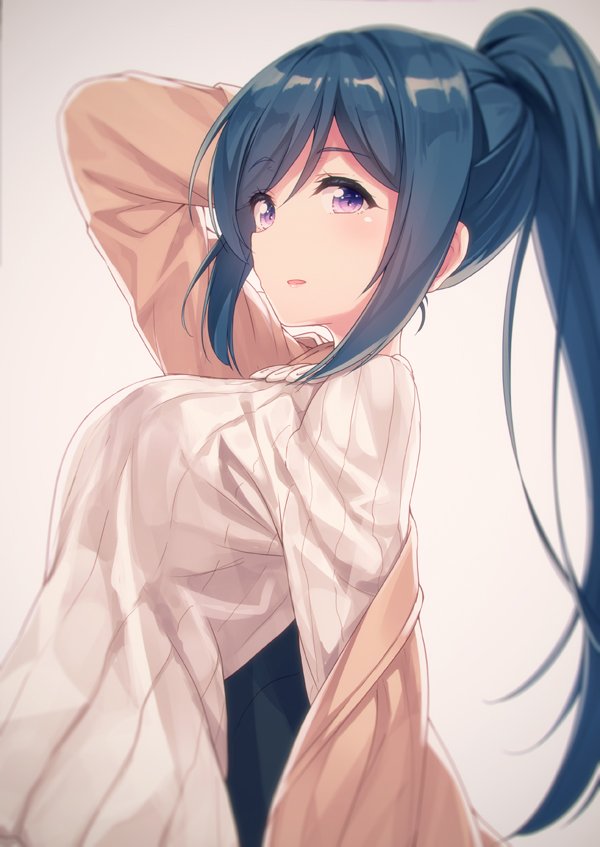 1girl beige_background blue_hair casual commentary_request from_side hand_on_own_head jacket long_hair long_ponytail long_sleeves looking_at_viewer love_live! love_live!_sunshine!! matsuura_kanan parted_lips ponytail sidelocks siva_(executor) solo sweater upper_body violet_eyes