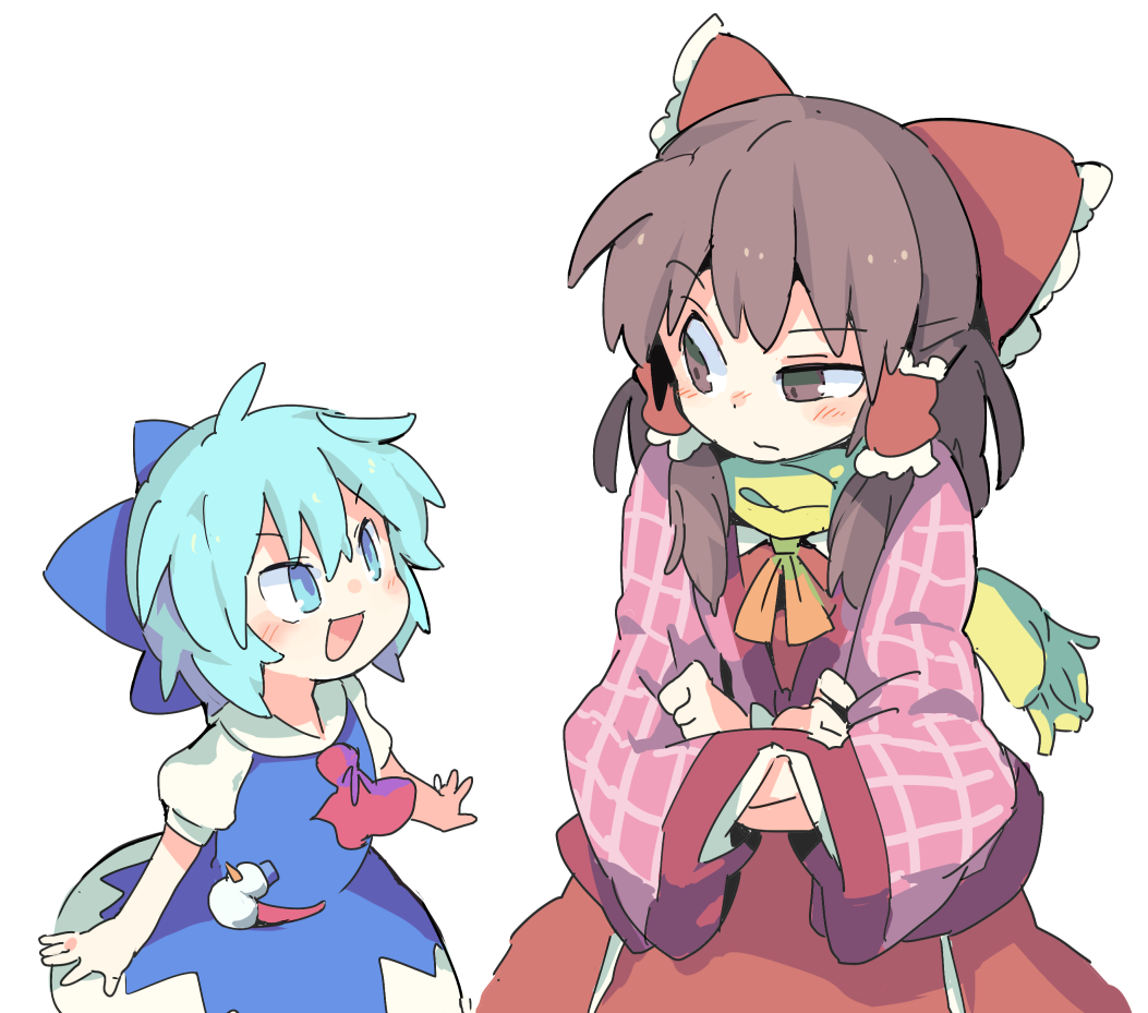 &gt;:d 2girls :d ascot blue_bow blue_dress blue_eyes blue_hair blush bow brown_eyes brown_hair cirno dress hair_between_eyes hair_bow hair_tubes hakurei_reimu looking_at_another looking_up moyazou_(kitaguni_moyashi_seizoujo) multiple_girls open_mouth pink_coat puffy_short_sleeves puffy_sleeves red_ascot red_bow red_skirt scarf short_hair short_sleeves sidelocks skirt smile snowman touhou uneven_eyes upper_body white_background wide_sleeves yellow_ascot yellow_scarf