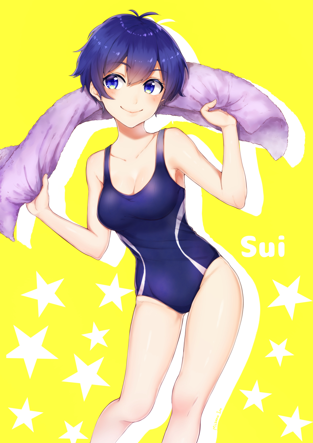 1girl blue_eyes blue_hair breasts character_name competition_swimsuit highres kamishiro_sui leaning_to_the_side looking_at_viewer looking_to_the_side medium_breasts mizuiro_32 one-piece_swimsuit school_uniform short_hair smile solo star swimsuit tokyo_7th_sisters towel yellow_background