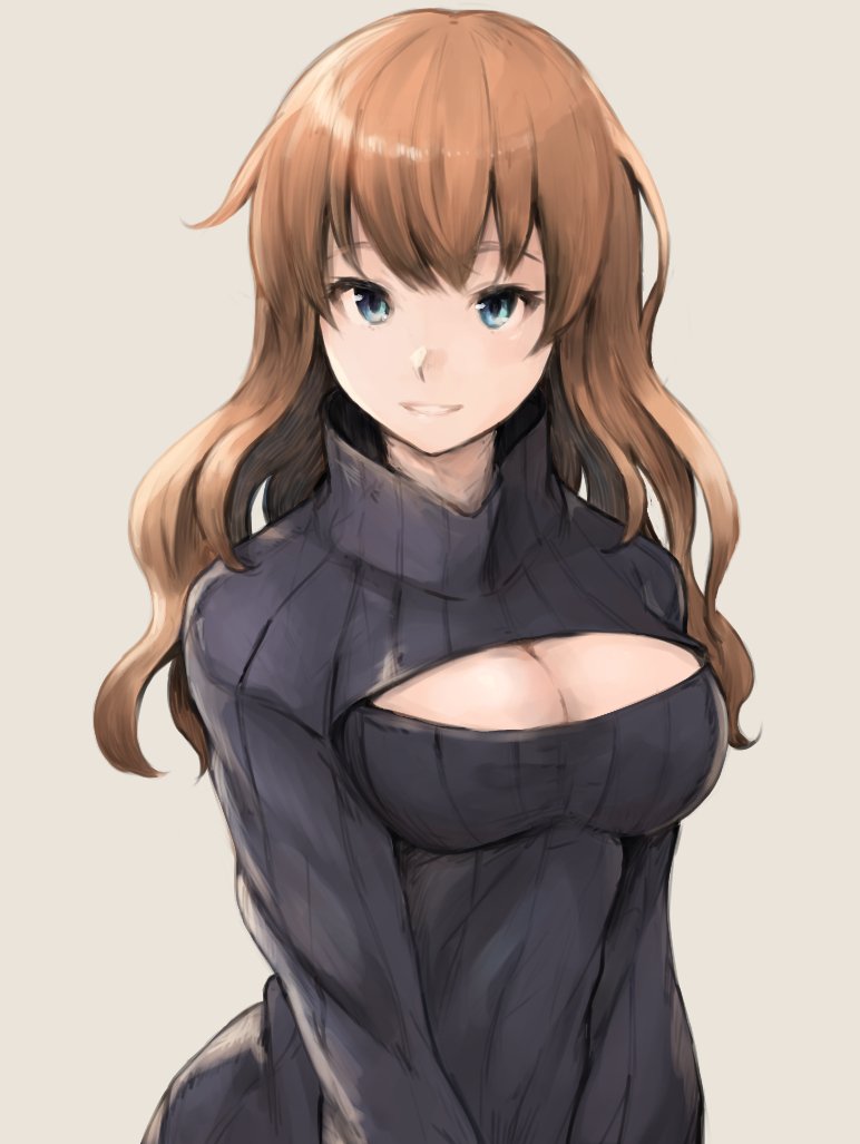 1girl arms_at_sides bangs black_sweater blue_eyes breasts brown_background brown_hair center_opening cleavage cleavage_cutout eyebrows_visible_through_hair koretsuki_aduma large_breasts long_hair looking_at_viewer meme_attire open-chest_sweater original parted_lips ribbed_sweater simple_background smile solo sweater turtleneck turtleneck_sweater upper_body wavy_hair