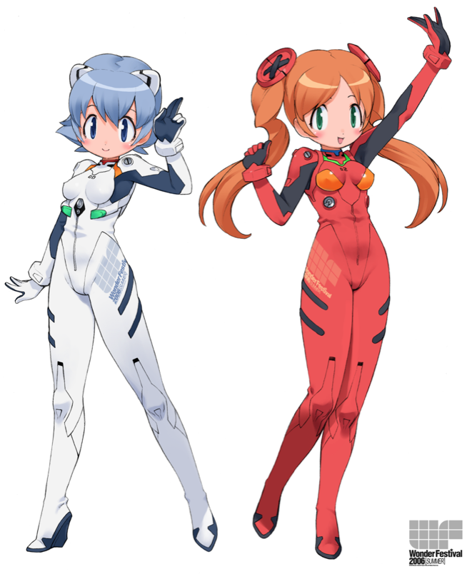 2girls arm_up ayanami_rei ayanami_rei_(cosplay) blue_eyes breasts buttons cosplay green_eyes logo long_hair looking_at_viewer multiple_girls neon_genesis_evangelion official_art plugsuit red_eyes reset_(wonder_festival) salute short_hair simple_background small_breasts smile souryuu_asuka_langley souryuu_asuka_langley_(cosplay) standing standing_on_one_leg twintails two-finger_salute wanda_(wonder_festival) white_background wide_stance wonder_festival wonder_festival_mascots yoshizaki_mine