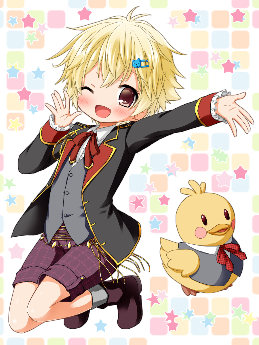 1boy akari_tori bird blonde_hair blush boots brown_eyes duck hair_ornament hairclip highres i-chu male_focus one_eye_closed plaid plaid_shorts ribbon rionoil shorts solo