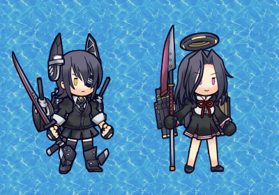2girls animated animated_gif chibi eyepatch fire_emblem_heroes glaive gloves holding holding_weapon kantai_collection lowres mecha_musume mechanical_halo multiple_girls necktie open_mouth parody personification purple_hair sanari_(quarter_iceshop) school_uniform sheath short_hair skirt style_parody sword tatsuta_(kantai_collection) tenryuu_(kantai_collection) thigh-highs uniform violet_eyes weapon world_war_ii yellow_eyes
