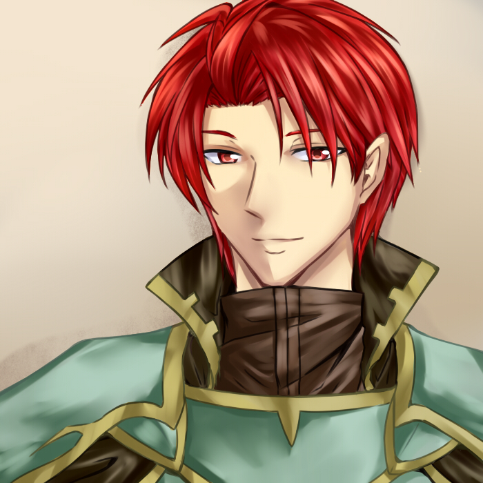 1boy aiden_(formalhauto2) armor bangs collar fire_emblem fire_emblem:_seima_no_kouseki grey_background looking_at_viewer male_focus pauldrons red_eyes redhead seth_(fire_emblem) shirt short_hair simple_background smile solo