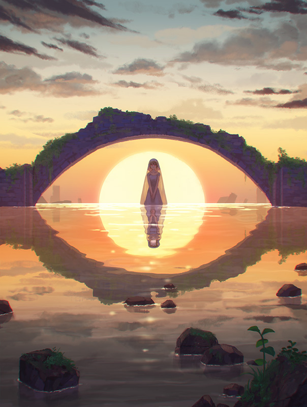 1girl backlighting bridge building clouds cloudy_sky dress eye hiko_(scape) horizon looking_at_viewer optical_illusion original outdoors overgrown plant purple_dress reflection rock ruins see-through sky skyscraper solo standing sun sunrise twilight v_arms veil wading waiting water_surface waves