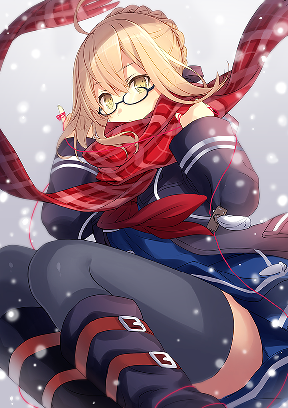 1girl ahoge bangs black-framed_eyewear black_legwear blonde_hair blue_skirt boots braid checkered_scarf commentary_request covered_mouth eyebrows_visible_through_hair fate/grand_order fate_(series) floating_hair glasses hair_between_eyes hair_bun hands_up heroine_x heroine_x_(alter) jacket long_hair looking_at_viewer red_scarf red_string saber scarf semi-rimless_glasses sidelocks skirt snow solo string thigh-highs yashiro_seika yellow_eyes