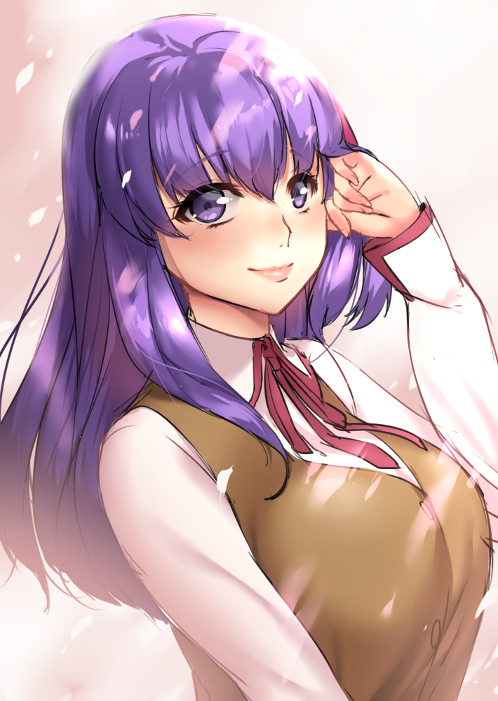 1girl adjusting_hair blouse breasts cherry_blossoms fate/stay_night fate_(series) gradient gradient_background large_breasts lips long_hair long_sleeves matou_sakura pantsu_(lootttyyyy) pink_lips purple_hair red_ribbon ribbon school_uniform solo tan_vest upper_body vest violet_eyes white_blouse