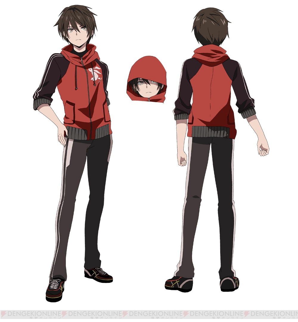 1boy animal_print brown_eyes brown_hair bunny_print character_sheet dengeki_bunko hair_between_eyes hand_on_hip hood hooded_jacket hoodie ikawa_waki jacket mitou_shoukan://blood_sign official_art pants red_hood shiroyama_kyousuke shoes simple_background solo track_pants track_suit watermark white_background yellow_eyes