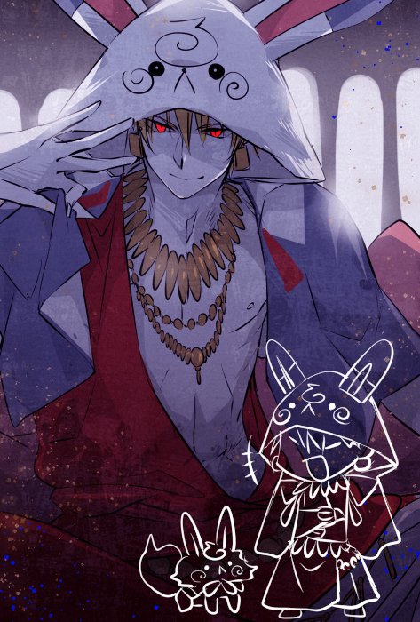 1boy :d animal_hood blonde_hair capelet chibi earrings fate/grand_order fate_(series) fou_(fate/grand_order) fou_hood gilgamesh holding hood jewelry kettle21 looking_at_viewer male_focus necklace open_mouth red_clothes red_eyes robe shirtless smile