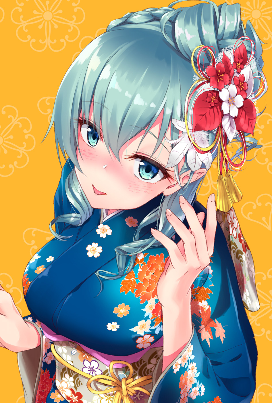 1girl :p alternate_hairstyle aqua_eyes aqua_hair awa_yume blue_kimono blush braid breasts curly_hair eyebrows_visible_through_hair eyelashes feathers fingernails floral_background floral_print flower from_above hair_between_eyes hair_feathers hair_flower hair_ornament hair_up highres japanese_clothes kantai_collection kanzashi kimono lace large_breasts long_hair long_sleeves looking_at_viewer obi orange_background poinsettia red_flower sash seigaiha shiny shiny_hair smile solo suzuya_(kantai_collection) tassel tongue tongue_out updo upper_body wide_sleeves