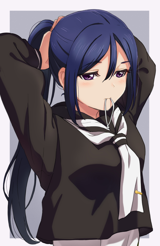 1girl adjusting_hair arms_up blue_hair blush hair_tie long_hair love_live! love_live!_school_idol_project love_live!_sunshine!! matsuura_kanan mouth_hold ponytail sailor_collar school_uniform shibasaki_shouji solo tying_hair violet_eyes