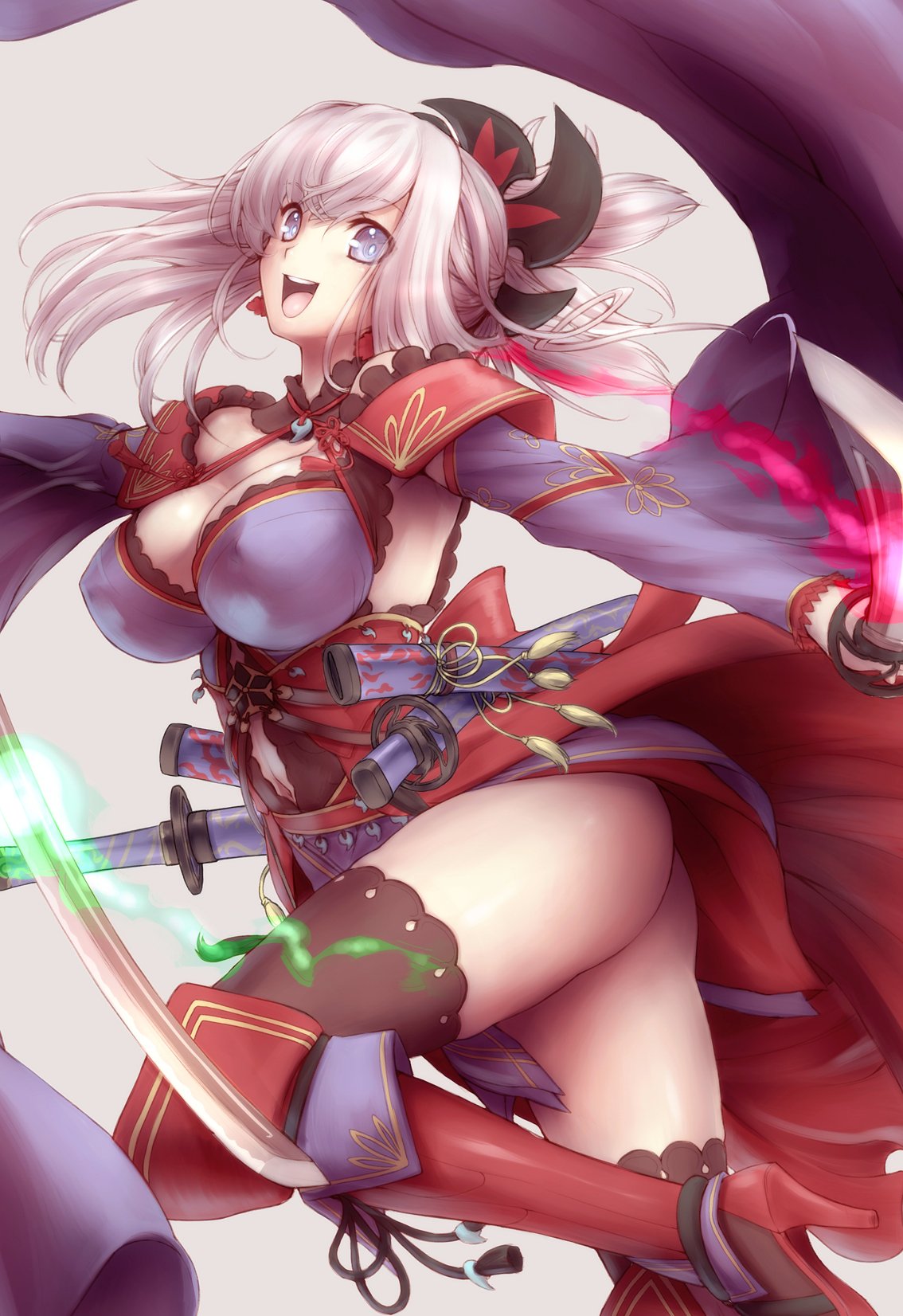 armpits ass asymmetrical_hair blue_eyes breasts cleavage detached_sleeves earrings fate/grand_order fate_(series) hair_ornament high_heels highres japanese_clothes jewelry jumping katana kimono large_breasts long_hair long_sleeves magatama miyamoto_musashi_(fate/grand_order) navel open_mouth pink_hair ponytail sheath sheathed sword thigh-highs thighs uguisu_kagura unsheathed weapon