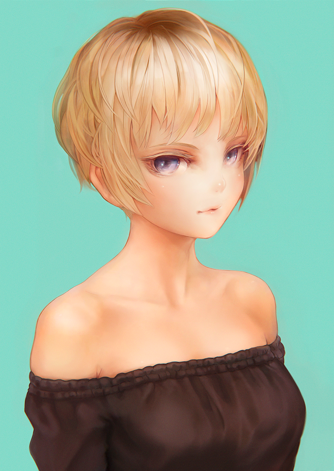 1girl aqua_background bangs bare_shoulders blonde_hair breasts closed_mouth collarbone eyelashes lips looking_at_viewer medium_breasts off_shoulder original short_hair simple_background solo tocope upper_body violet_eyes