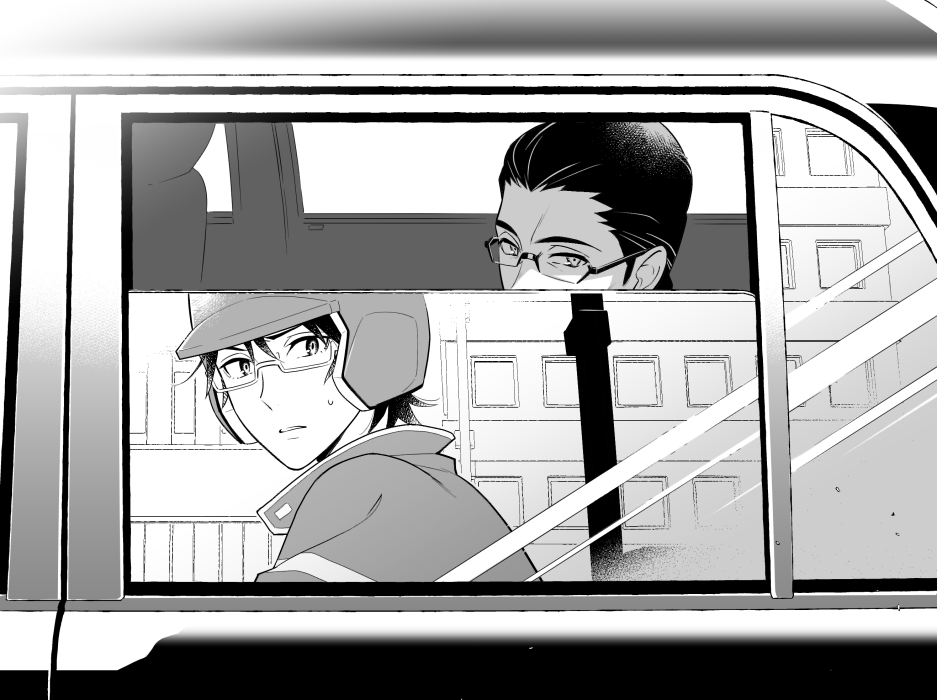 2boys boku_dake_ga_inai_machi car employee_uniform fujinuma_satoru glasses greyscale ground_vehicle hair_slicked_back helmet jumping_dogeza monochrome motor_vehicle multiple_boys older reflection uniform window yashiro_gaku