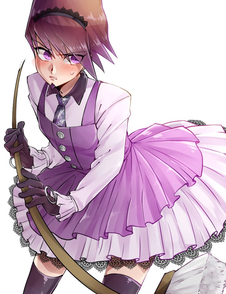 1boy alternate_costume aoko_(blue_9140) apron beard black_gloves blush broom cleaning cosplay costume_switch crossdressinging dangan_ronpa dress facial_hair frilled_sleeves frills gloves goatee lace lace-trimmed_dress looking_at_viewer maid maid_apron maid_headdress male_focus momota_kaito new_dangan_ronpa_v3 parody parted_lips pinafore_dress puffy_sleeves purple_gloves purple_hair short_hair simple_background solo spiky_hair starry_sky_print sweat sweatdrop thigh-highs toujou_kirumi toujou_kirumi_(cosplay) violet_eyes waist_apron white_background