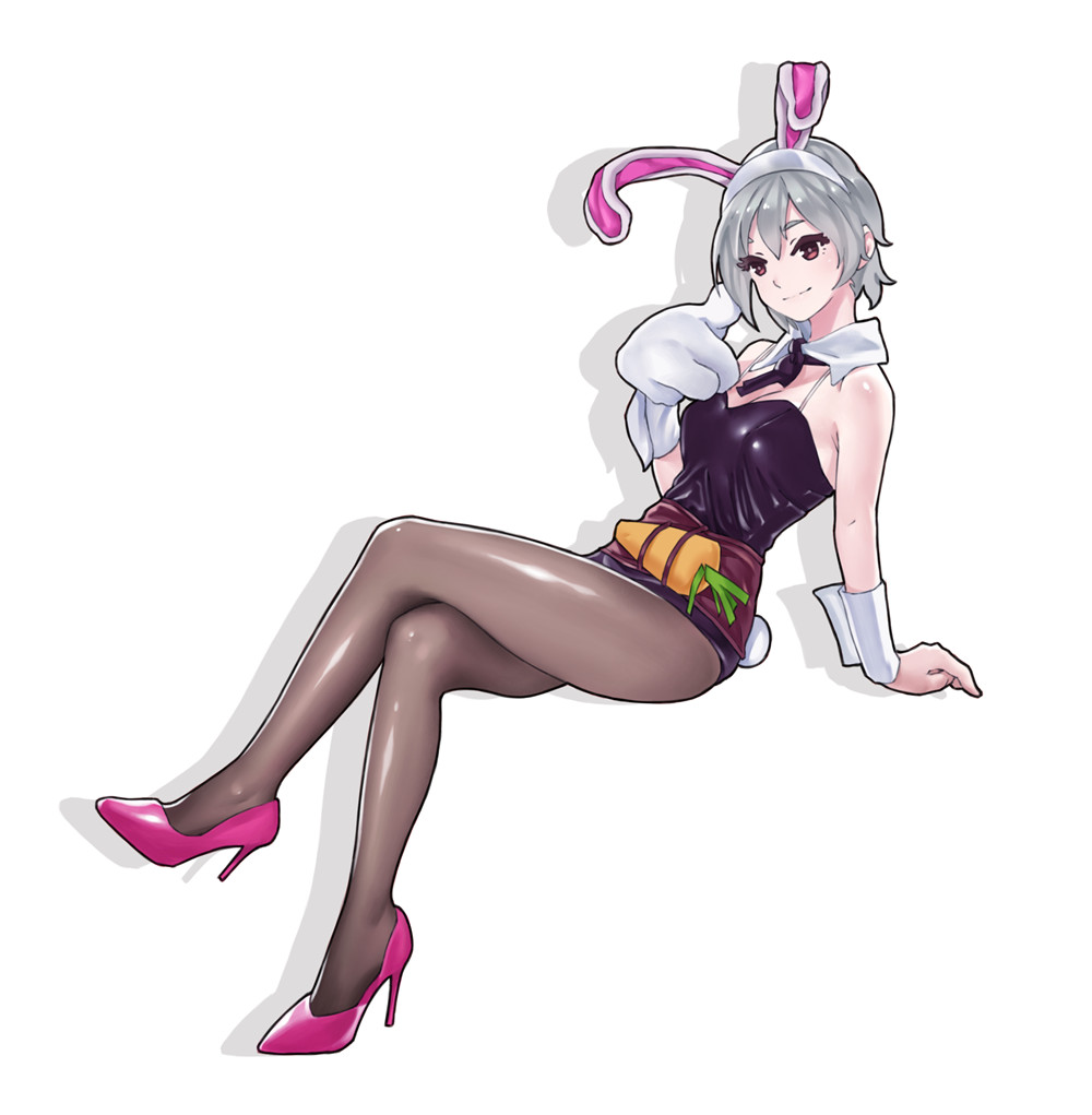 1girl animal_ears bunny_tail bunnysuit carrot detached_collar gloves high_heels jey_rain league_of_legends pantyhose pink_shoes rabbit_ears red_eyes riven_(league_of_legends) shoes short_hair silver_hair simple_background single_glove smile solo tail white_background wrist_cuffs