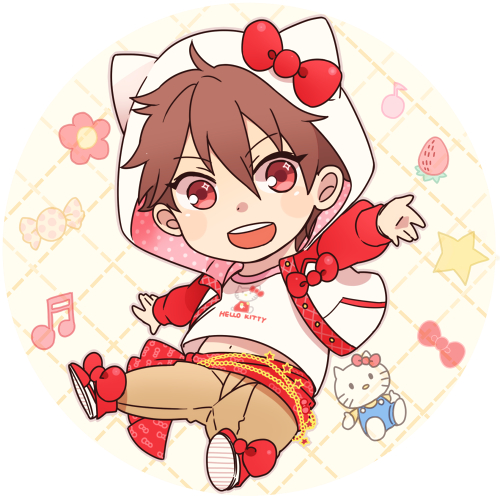 1boy :d alternate_costume animal_hood beamed_quavers candy cat_hood chains chibi ensemble_stars! food fruit gold_chain hair_between_eyes hello_kitty hood hoodie jacket lowres male_focus midriff_peek morisawa_chiaki musical_note nayuta_(charinkoo) open_clothes open_jacket open_mouth outstretched_arm red_eyes sash smile strawberry