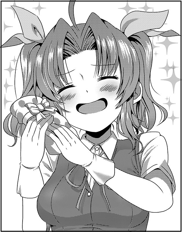 1girl ahoge bangs blush bow breasts closed_eyes commentary_request gift gloves greyscale hair_ribbon holding holding_gift kagerou_(kantai_collection) kantai_collection medium_breasts monochrome open_mouth parted_bangs ribbon shino_(ponjiyuusu) shirt short_sleeves smile solo sparkle_background twintails vest