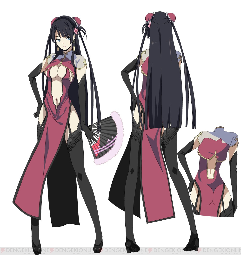 1girl ass black_hair black_legwear blue_eyes breasts character_sheet chinese_clothes cleavage closed_mouth dengeki_bunko earrings fan flower folding_fan garter_straps gloves hair_bun hair_flower hair_ornament hair_tubes hand_on_hip high_heels ikawa_waki jewelry long_hair looking_at_viewer lu_niang-lan mitou_shoukan://blood_sign navel official_art solo thigh-highs watermark