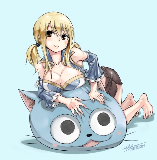 1girl arm_support barefoot black_eyes black_skirt blonde_hair blue_background breast_press breasts cleavage collarbone detached_sleeves eyebrows_visible_through_hair fairy_tail feet hair_between_eyes happy_(fairy_tail) kneeling large_breasts long_hair looking_at_viewer lucy_heartfilia mashima_hiro miniskirt official_art ribbon signature simple_background skirt solo tattoo twintails white_ribbon