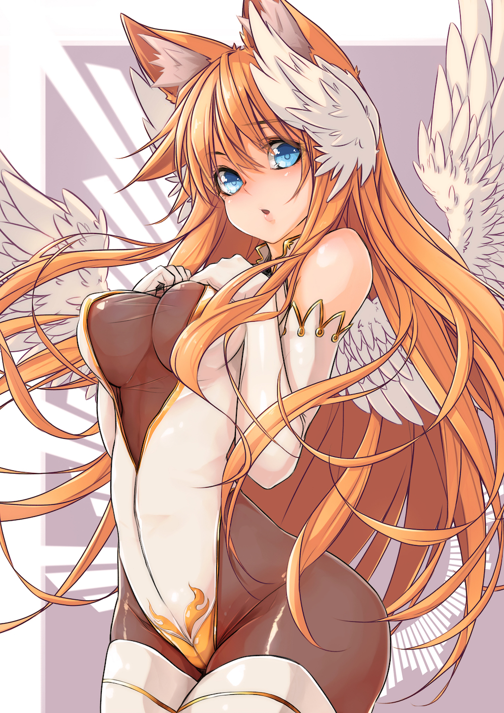 1girl angel angel_wings animal_ears arms_at_sides ass bangs blonde_hair blue_eyes blush bodysuit breasts cleavage cowboy_shot crotch_seam elbow_gloves eyebrows_visible_through_hair feathered_wings gloves hair_between_eyes hands_on_own_chest head_wings highres large_breasts long_hair looking_at_viewer maru-pen original parted_lips solo thigh-highs thighs very_long_hair white_gloves white_leotard white_wings wings