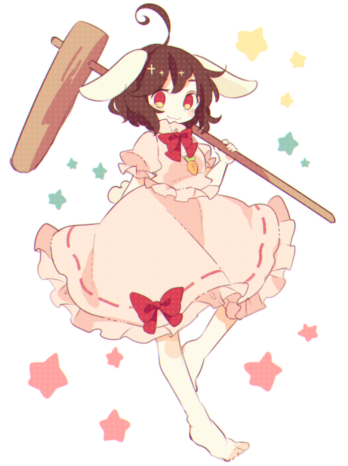 1girl :3 ahoge animal_ears bare_legs barefoot bow bowtie brown_hair bunny_tail daizu_(melon-lemon) dress frilled_sleeves frills hammer inaba_tewi kine pink_dress puffy_sleeves rabbit_ears red_bow red_bowtie redhead short_hair short_sleeves solo tail touhou white_background