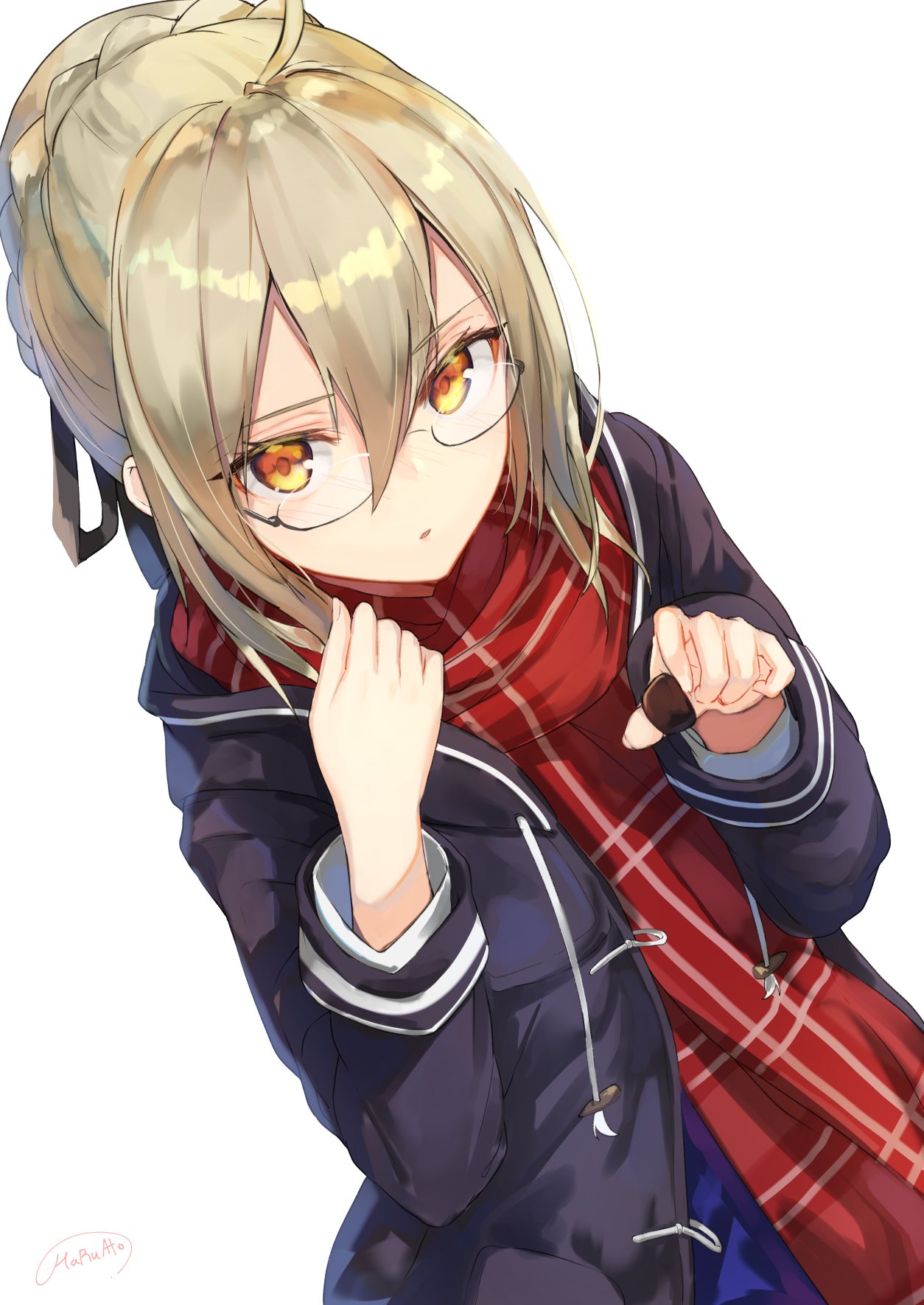 1girl ahoge artist_name ato_(haru_ato) bangs black-framed_eyewear blonde_hair braid checkered_scarf chocolate duffel_coat dutch_angle fate/grand_order fate_(series) food glasses hair_between_eyes heroine_x heroine_x_(alter) highres holding holding_food looking_at_viewer orange_eyes parted_lips red_scarf saber scarf semi-rimless_glasses sidelocks signature simple_background solo under-rim_glasses white_background